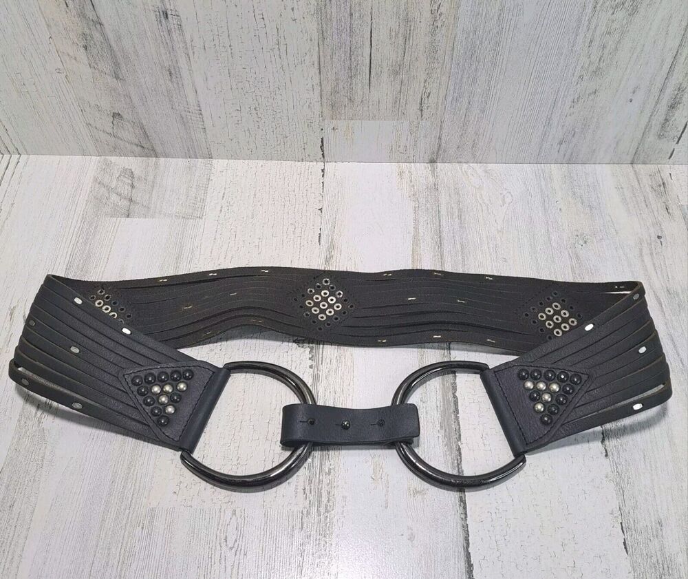 Women's Black Leather Suede D-Ring Layered Studded Belt Size L Boho Western